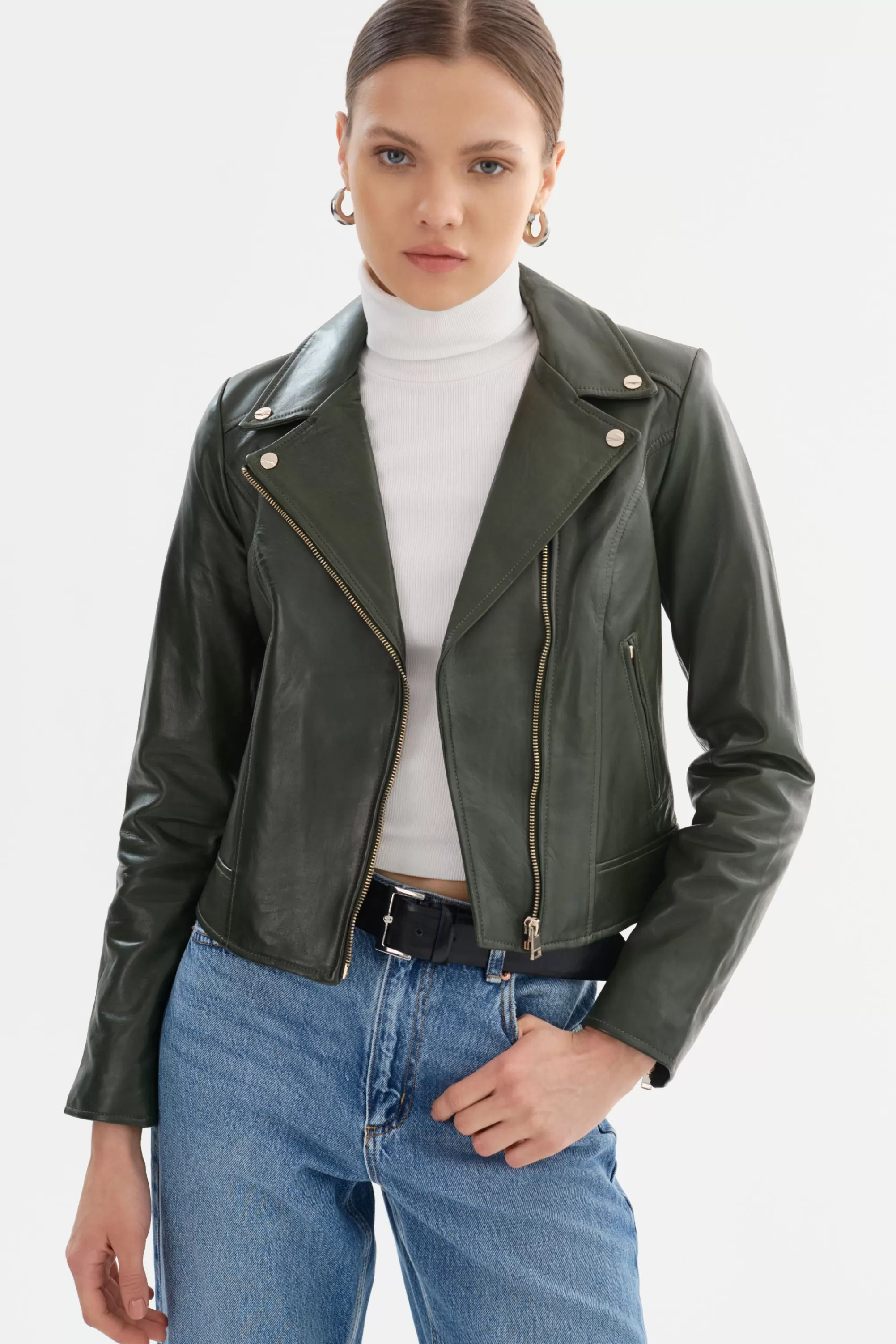 New LAMARQUE KELSEY | Biker Leather Jacket Champagne Hardware Dark Olive