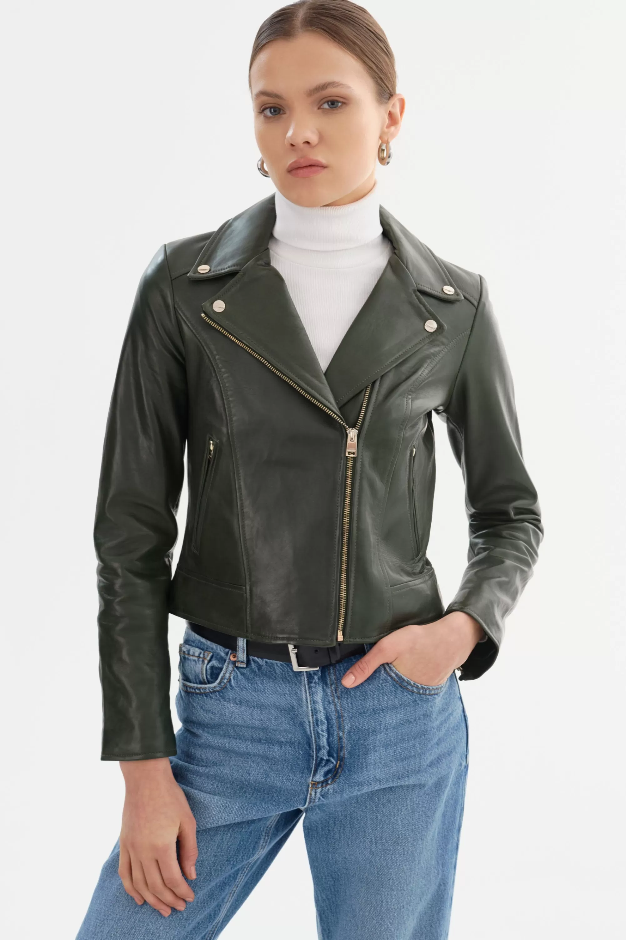 New LAMARQUE KELSEY | Biker Leather Jacket Champagne Hardware Dark Olive