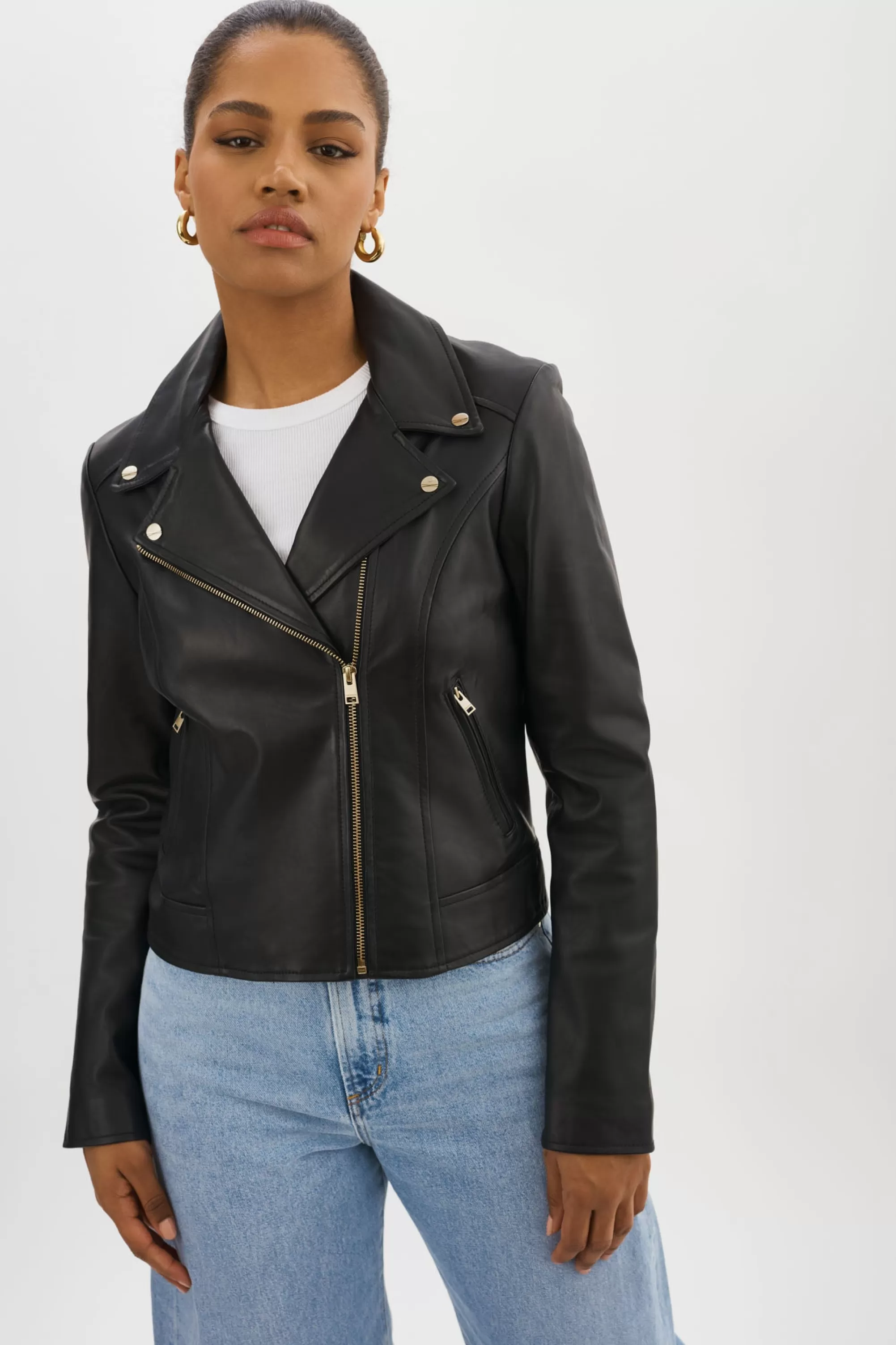 New LAMARQUE KELSEY GOLD | Leather Biker Jacket Black