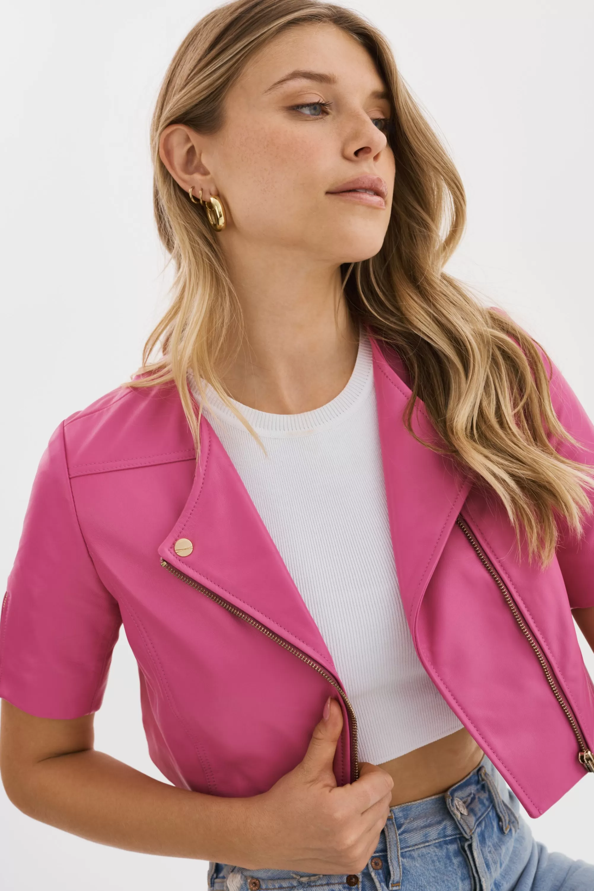 Clearance LAMARQUE KIRSI GOLD | Cropped Biker Jacket Super Pink