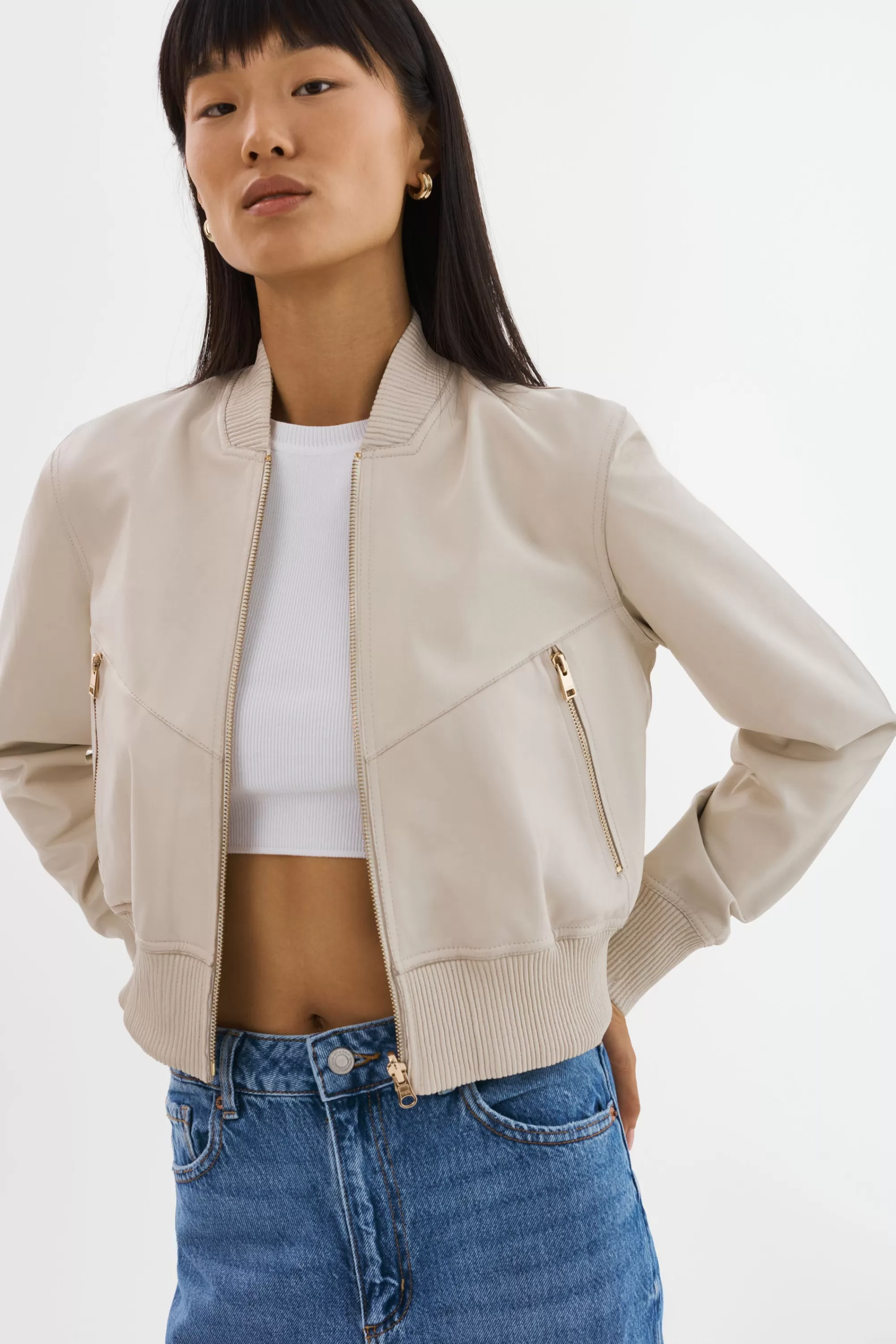 Shop LAMARQUE KORDELLA | Reversible Leather Bomber Jacket Bone/Gold