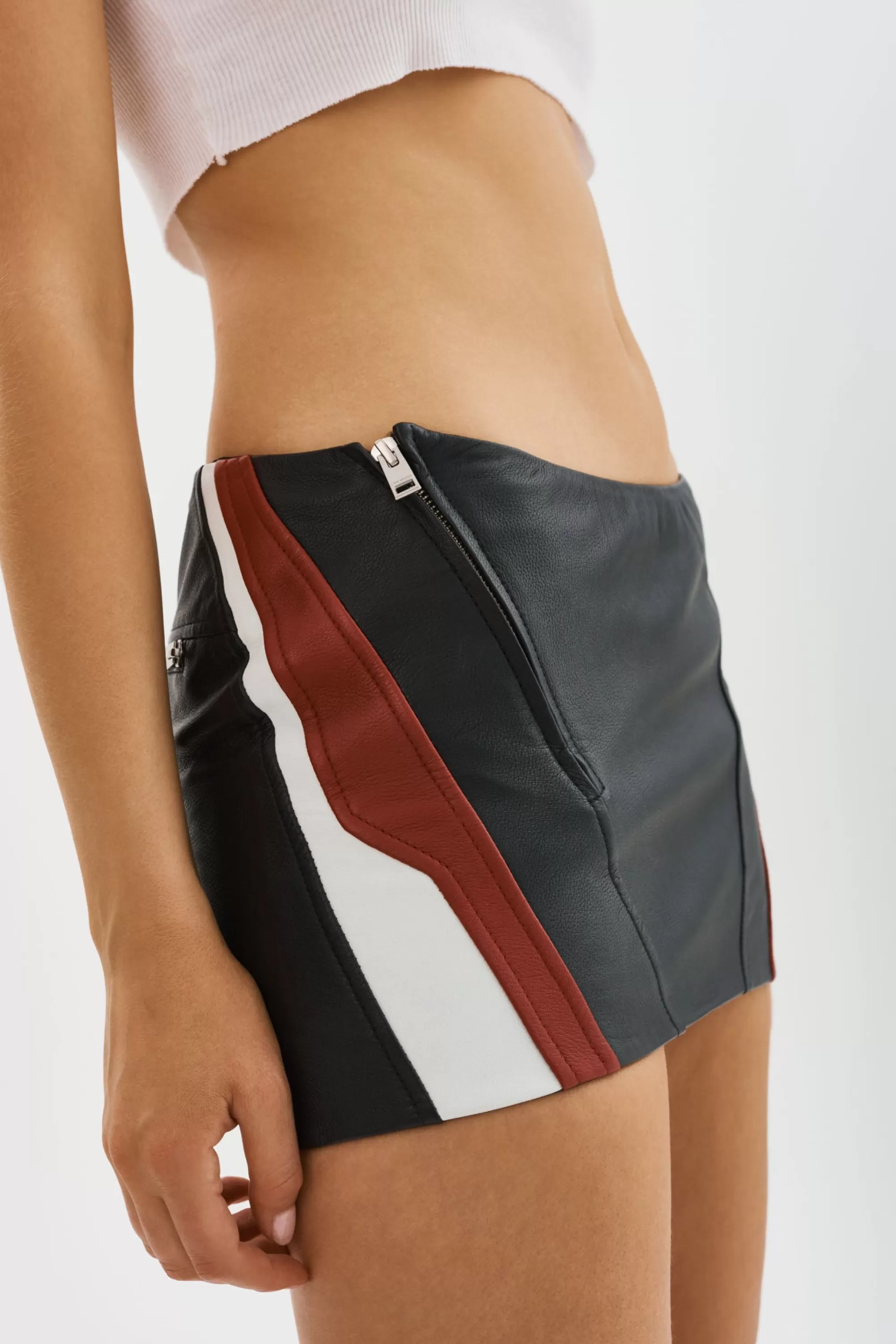 New LAMARQUE KRISSY | Leather Mini Skirt Black/Winter White/Ruby Red