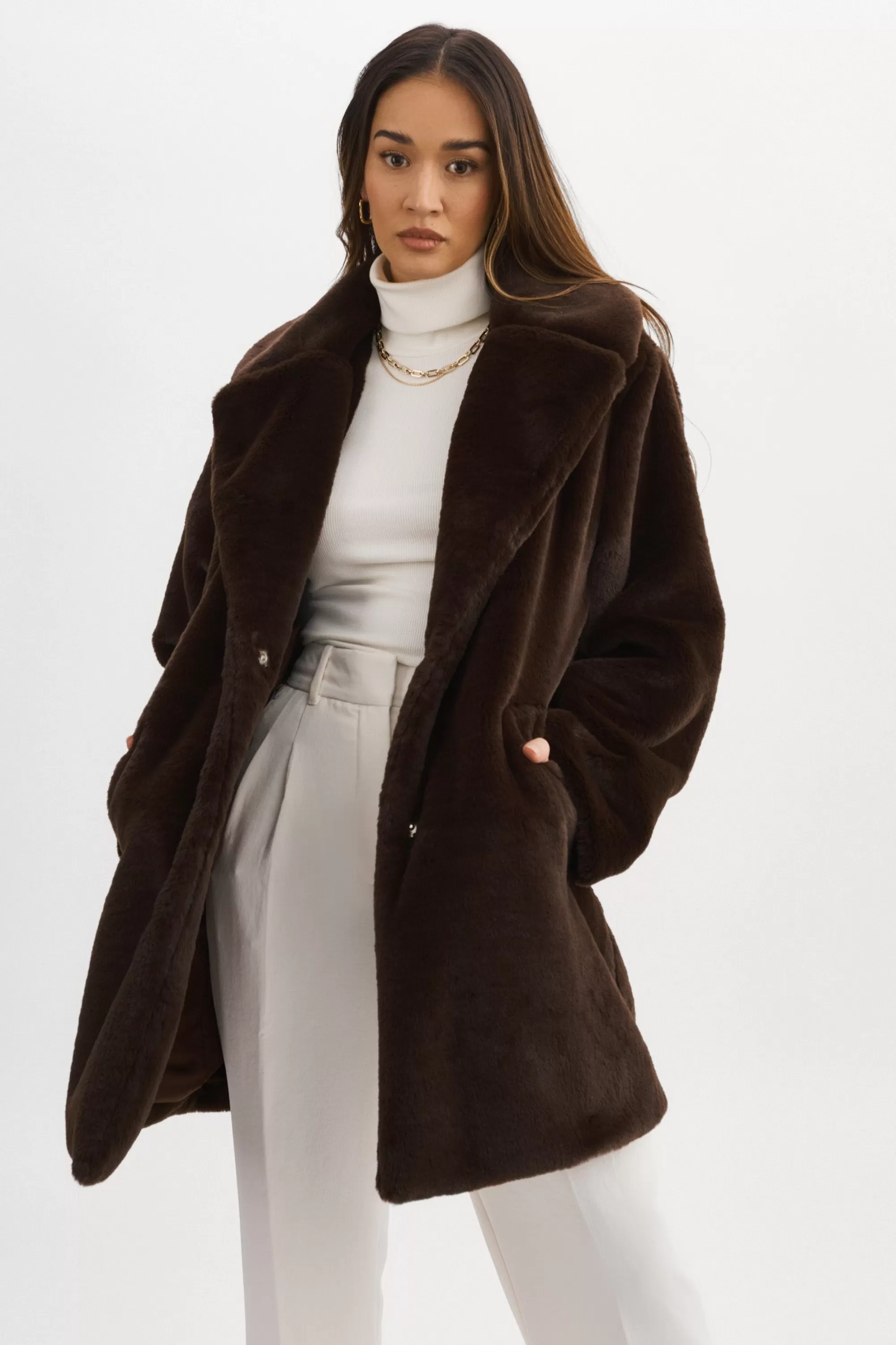 Outlet LAMARQUE LINNEA | Faux Fur Coat Bitter Chocolate