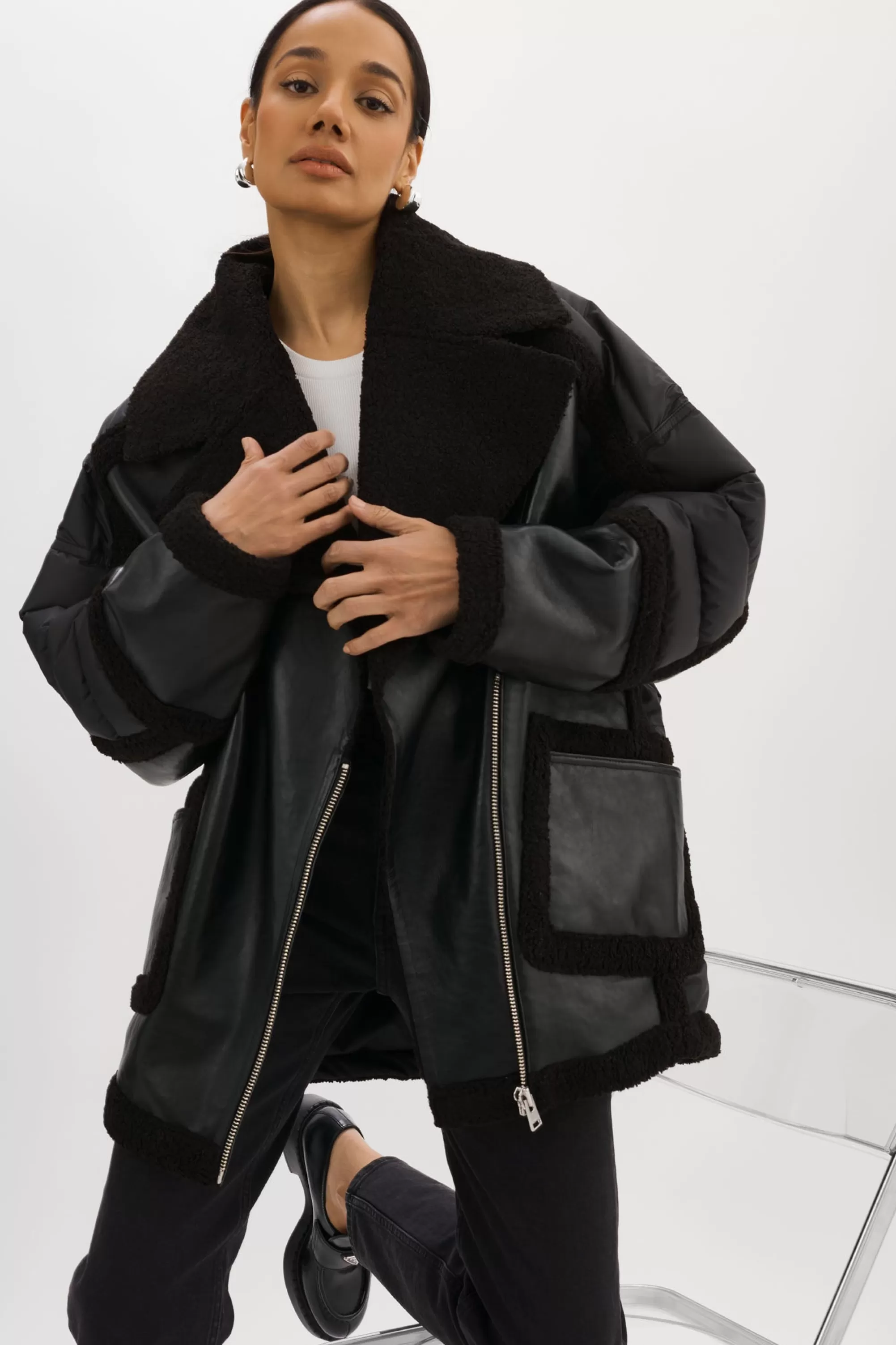 Hot LAMARQUE LISA | Oversized Mixed Media Cocoon Jacket Black / Black