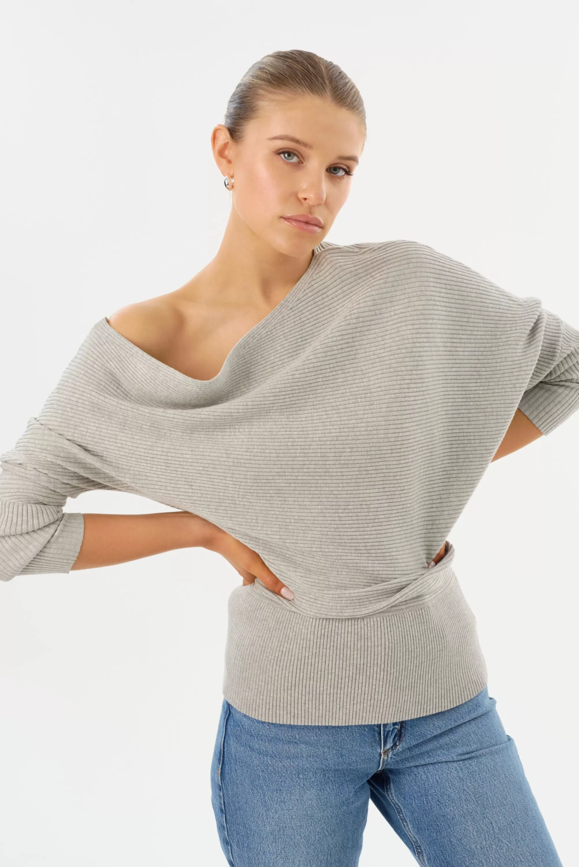 Outlet LAMARQUE LORRAINE | Knit Off Shoulder Top Light Heather Grey