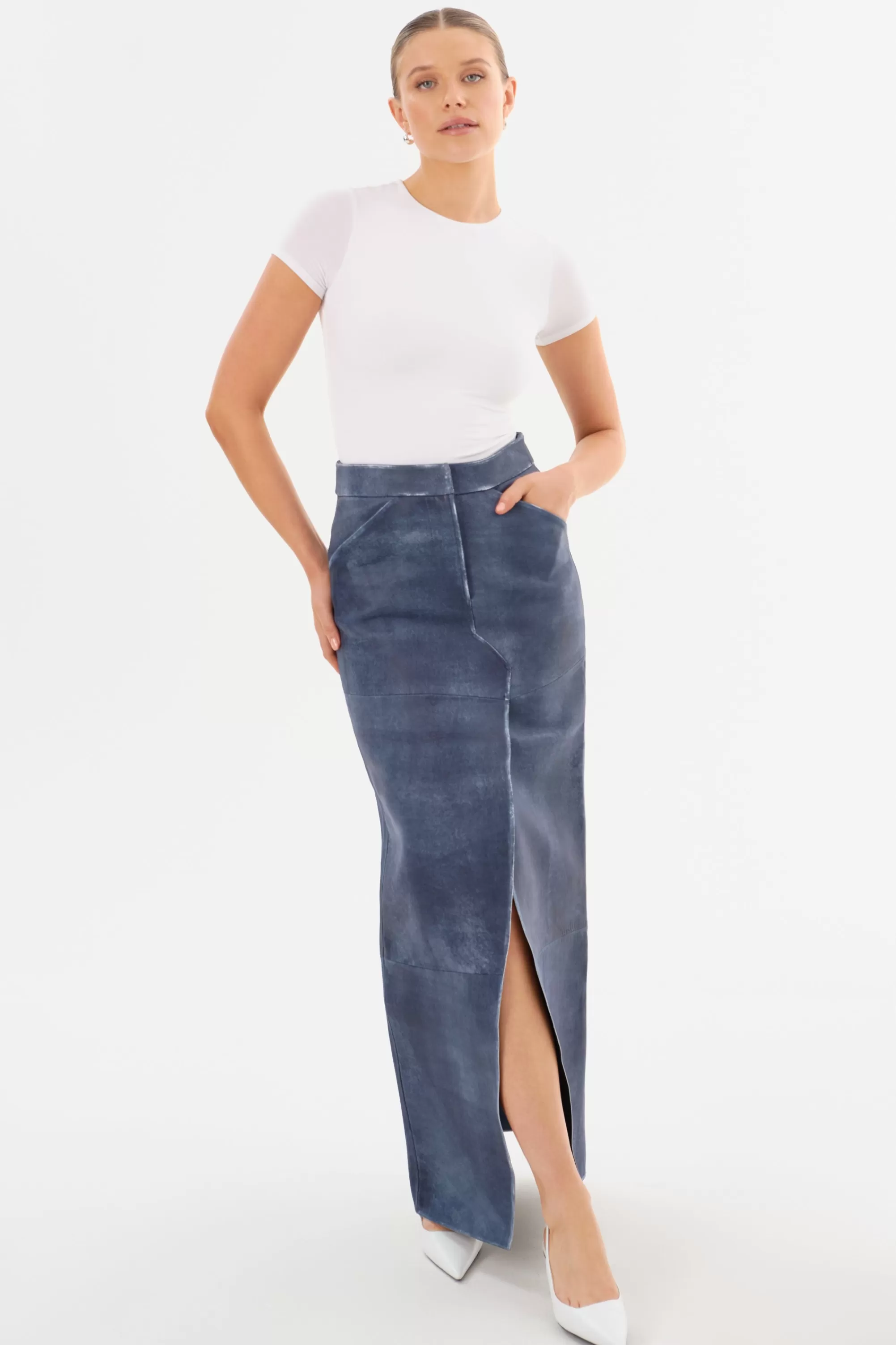 Shop LAMARQUE MARIETTE | Leather Maxi Skirt Dark Indigo