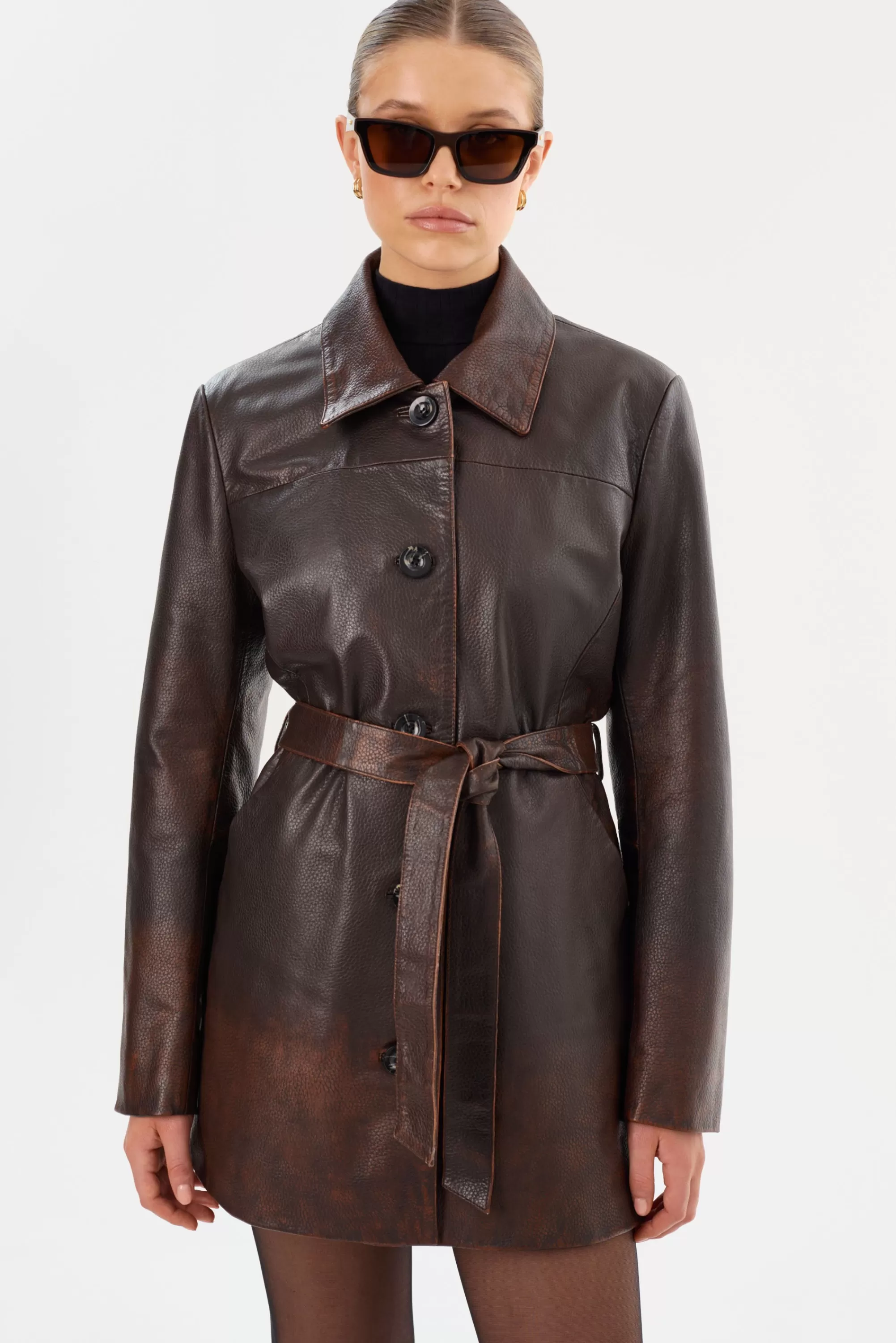 Best Sale LAMARQUE MARLOWE | Leather Trench Coat Rub Off Brown