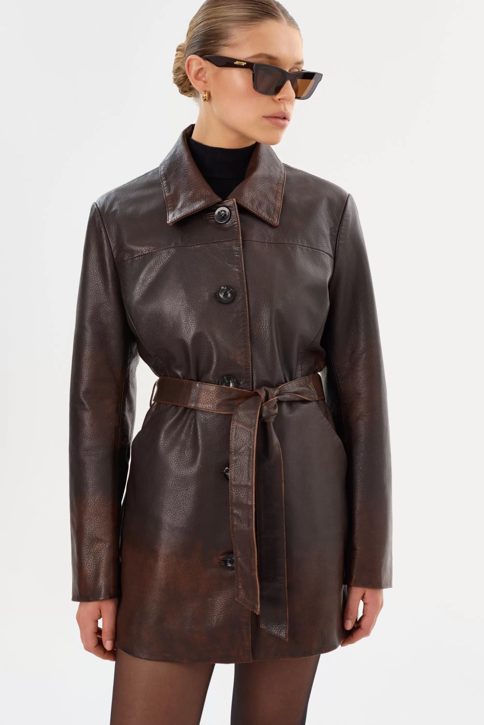 Best Sale LAMARQUE MARLOWE | Leather Trench Coat Rub Off Brown