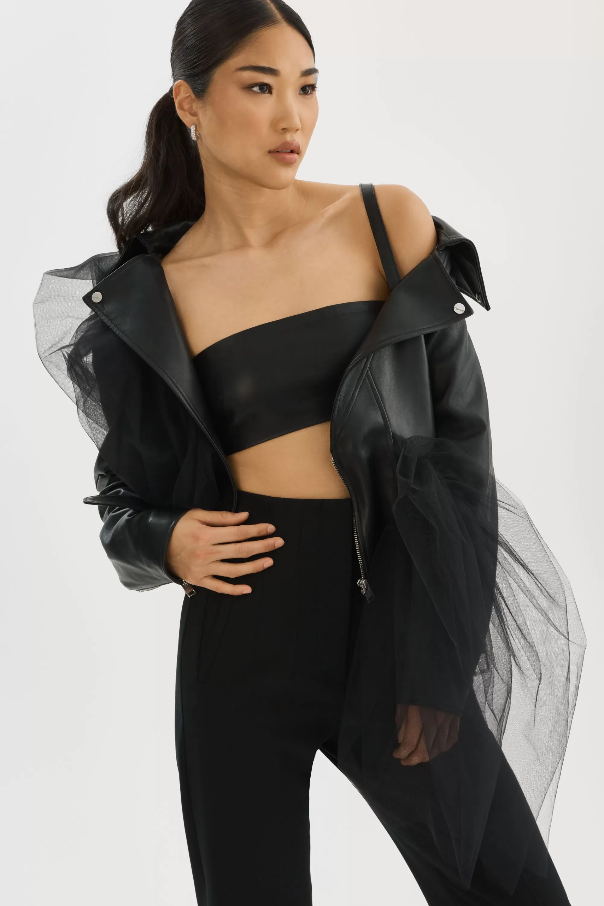 Online LAMARQUE OBELIA | Tulle & Leather Biker Jacket Black