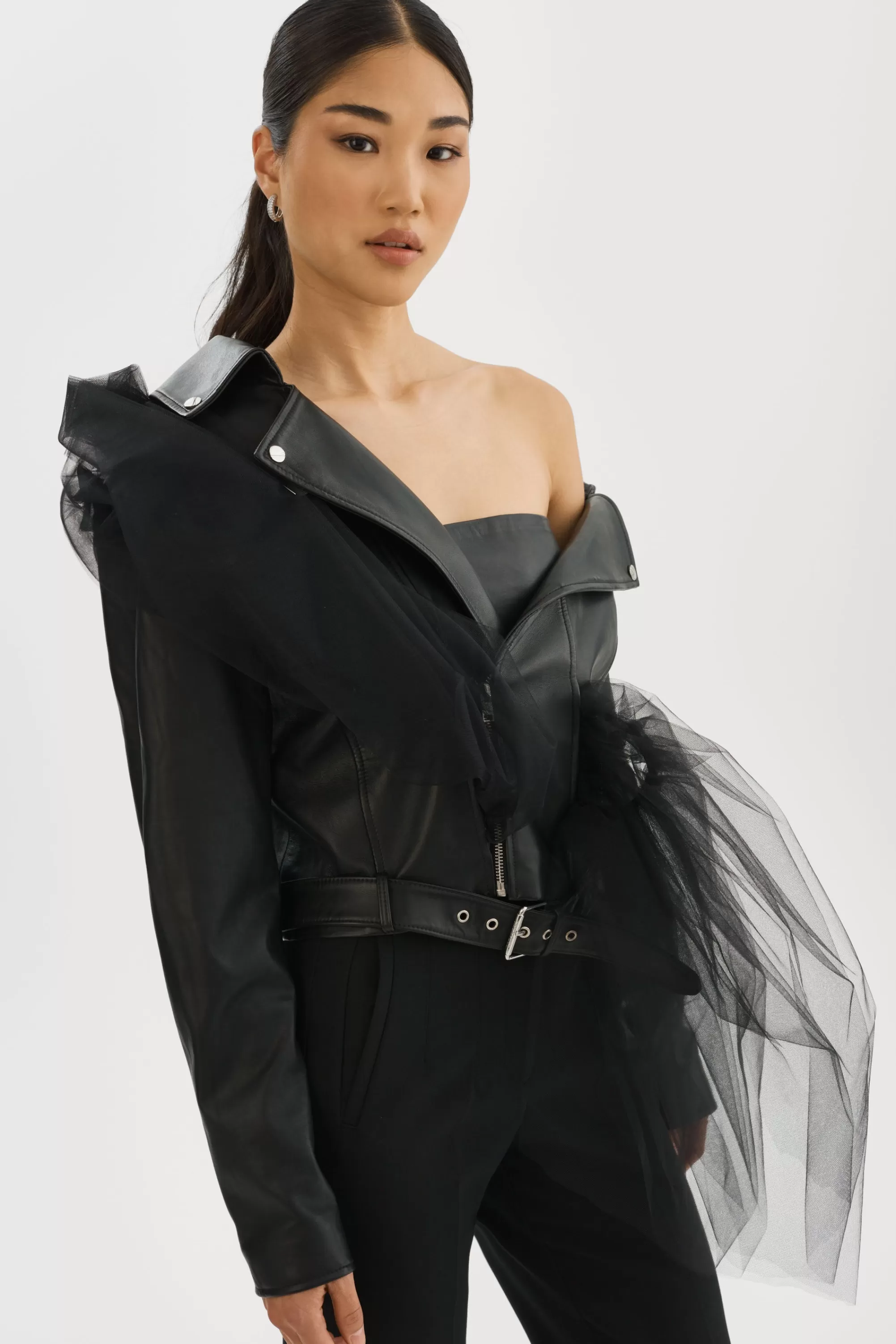 Online LAMARQUE OBELIA | Tulle & Leather Biker Jacket Black