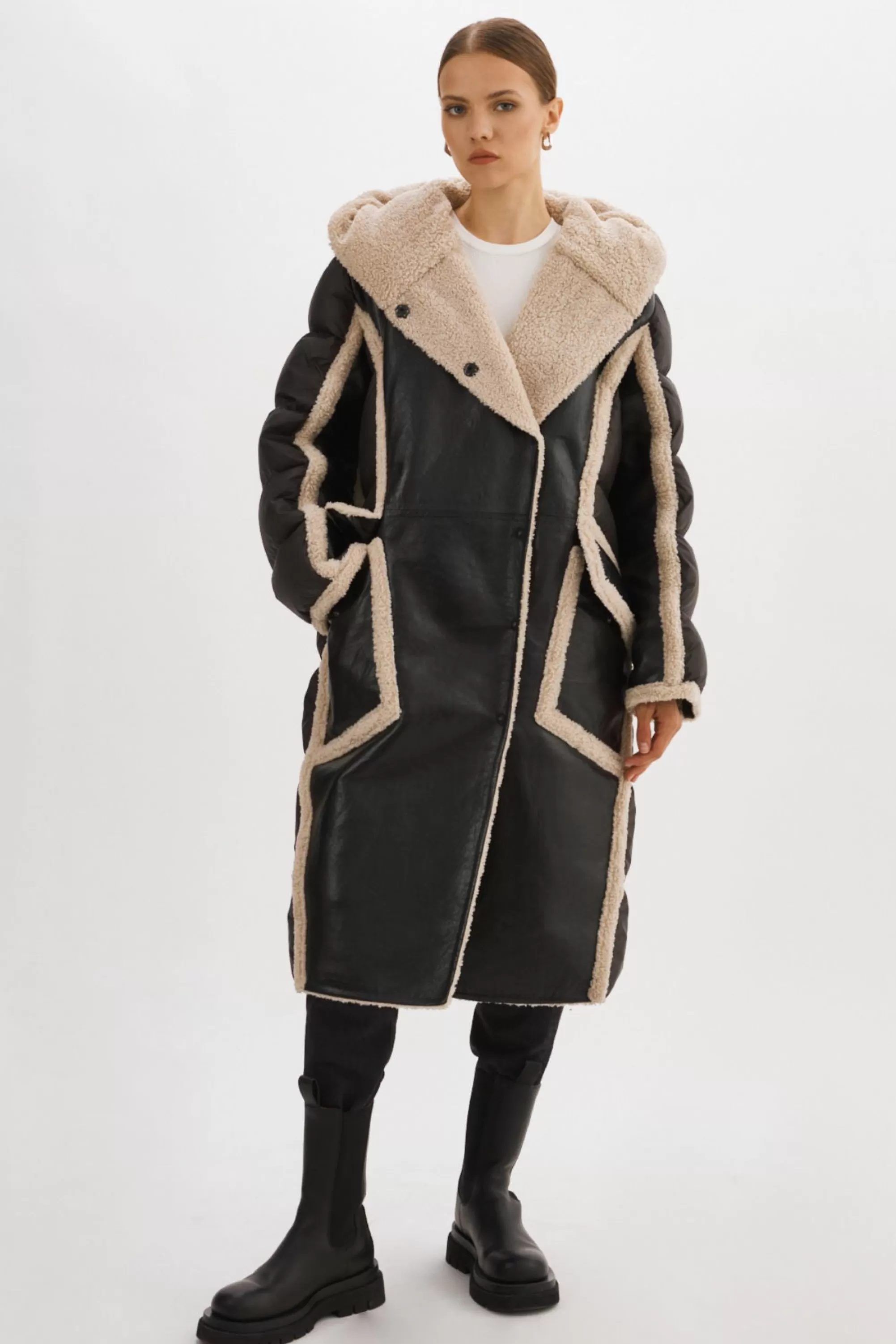 Online LAMARQUE REXANA | Mixed Media Puffer Coat Black/Ecru